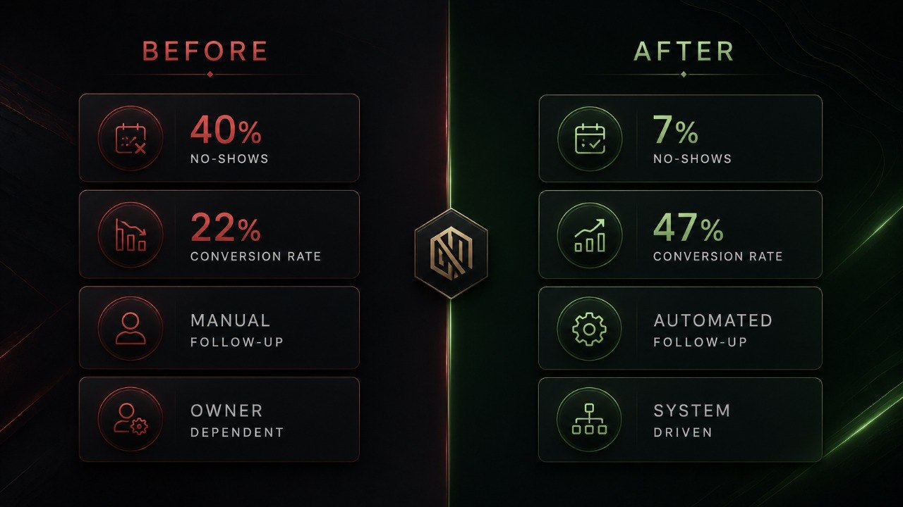 Before vs After: 40% No-Shows → 7%, 22% Conversion → 47%, Manual Follow-Up → Automated, Owner Dependent → System Driven