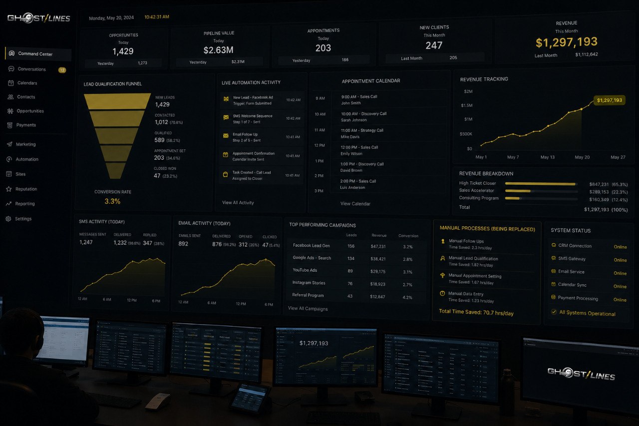 Ghostlines Command Center: $1.29M revenue, 1,429 leads, 70.7 hrs/day saved - automation running 24/7