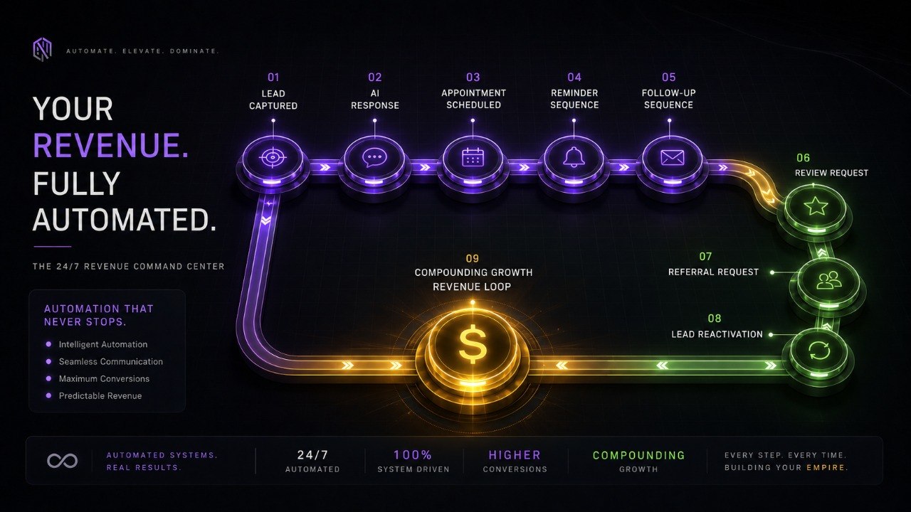 Your Revenue. Fully Automated. — The 24/7 Revenue Command Center: Lead Captured → AI Response → Appointment → Reminder → Follow-Up → Review → Referral → Reactivation → Compounding Growth Loop