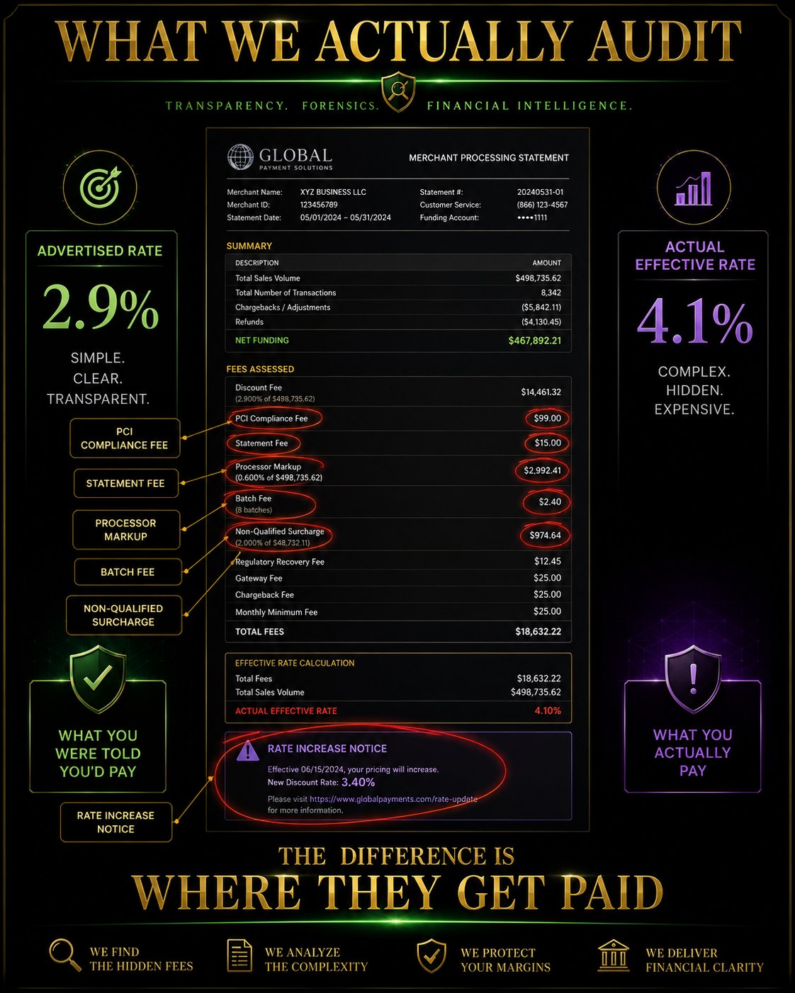 What We Actually Audit — Ghostlines Statement Forensics: Advertised Rate 2.9% vs Actual Effective Rate 4.1%. The difference is where they get paid.