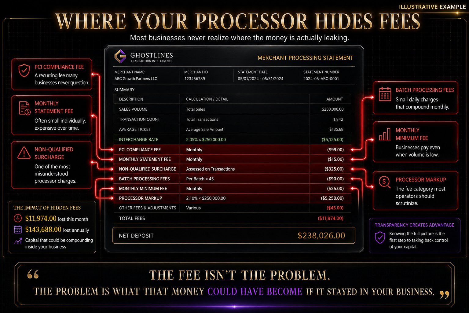 Where Your Processor Hides Fees — Ghostlines Transaction Intelligence annotated statement breakdown