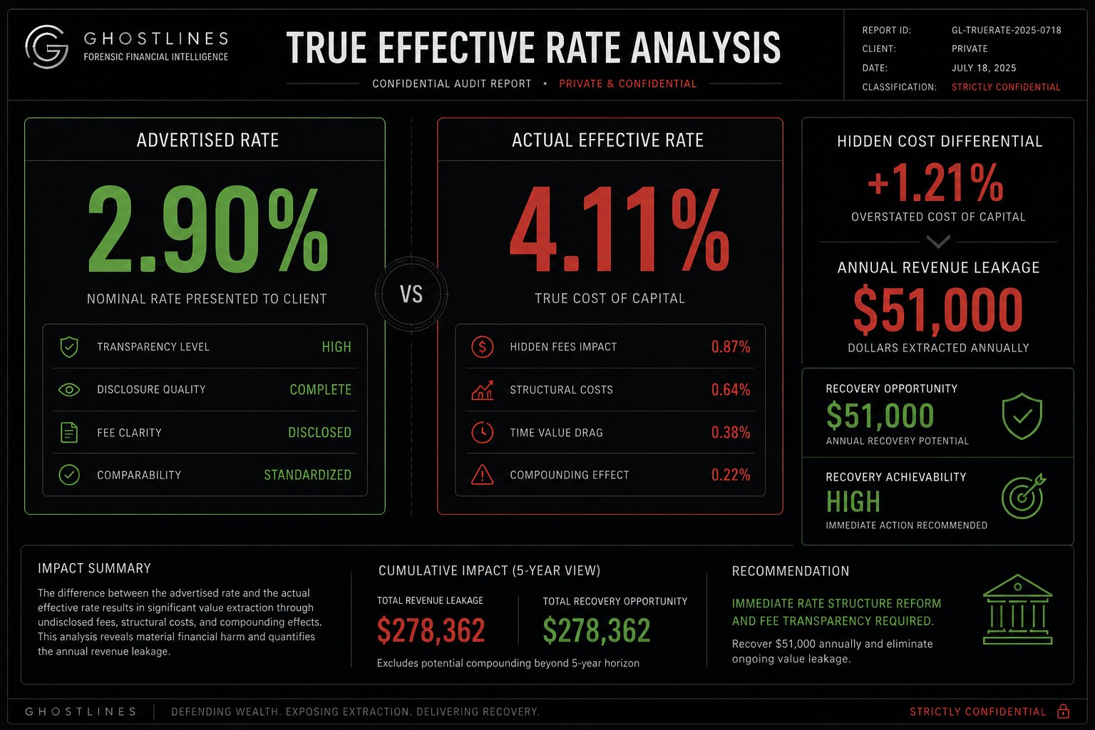 True Effective Rate Analysis — Advertised Rate 2.90% vs Actual Effective Rate 4.11%. Hidden Cost Differential +1.21%. Annual Revenue Leakage $51,000. 5-Year Total $278,362.