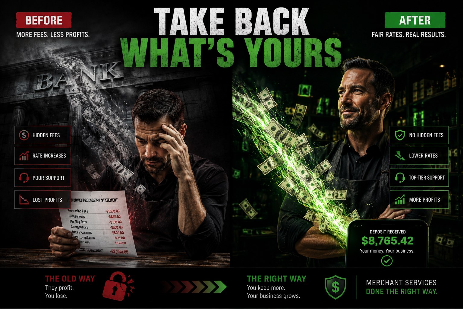 Take Back What's Yours — Before: hidden fees and lost profits. After: fair rates and real results.
