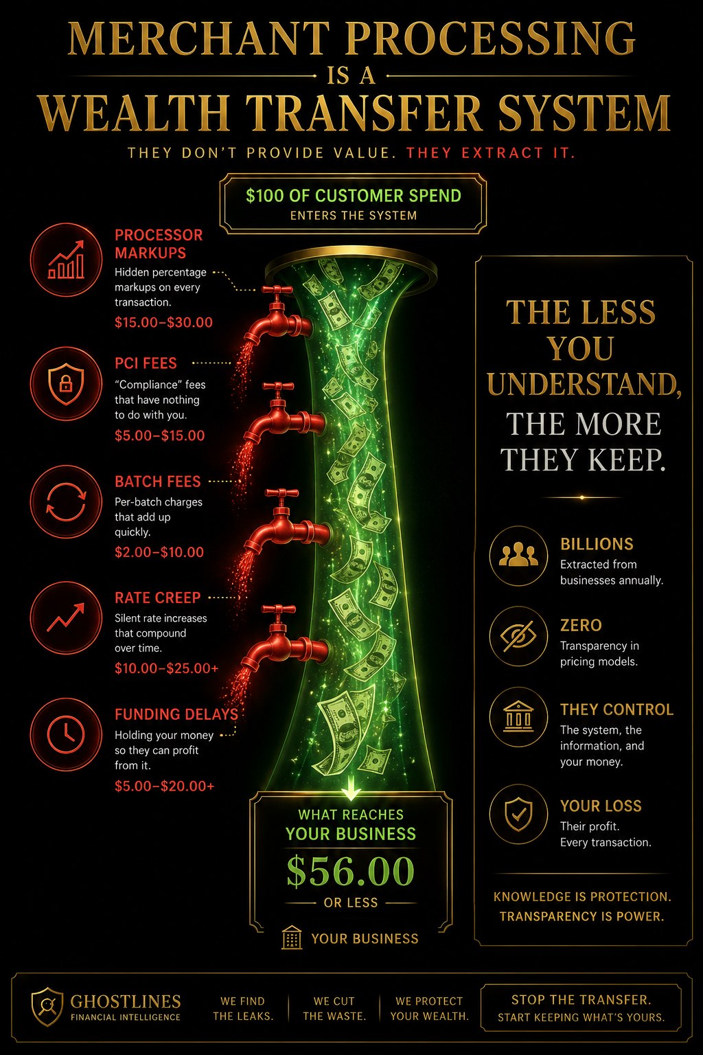 Merchant Processing Is A Wealth Transfer System — $100 of customer spend enters the system. $56 or less reaches your business. Processor Markups, PCI Fees, Batch Fees, Rate Creep, Funding Delays. The less you understand, the more they keep.