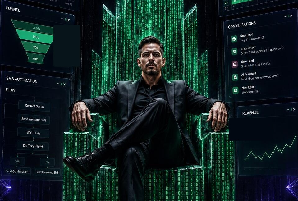 Command composition: operator on a green throne — stop operating, start commanding. Dashboard chrome is atmospheric, not performance evidence.